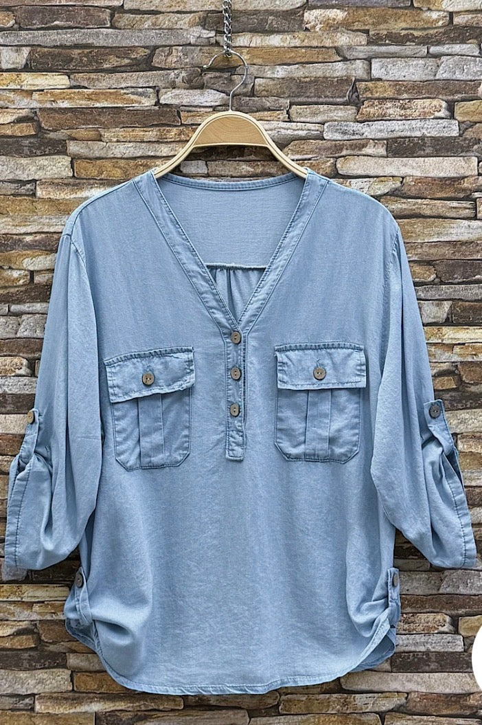 AXY Button Front Blouse – Chic Women's Denim Style Top