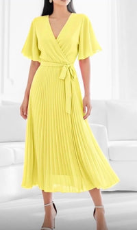 Yellow Alira Wrap Dress worn by a person on a white background