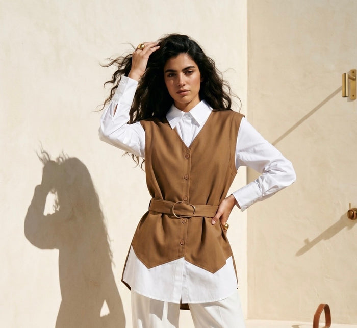 A woman models a brown button-front vest over a white collared shirt and white pants, standing against a warm beige wall with a strong shadow cast to the left.