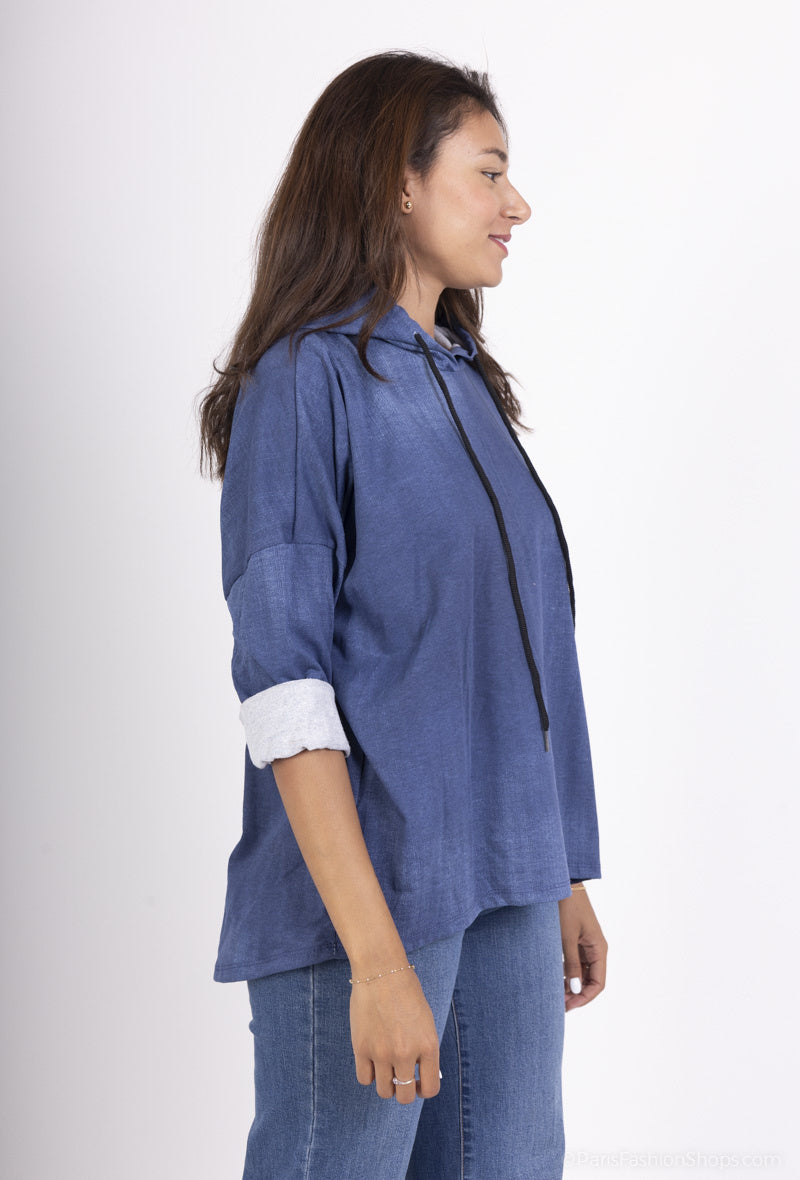 Woman wearing a blue denim shirt and jeans on a white background "Harriett Denim Hoody Picture"