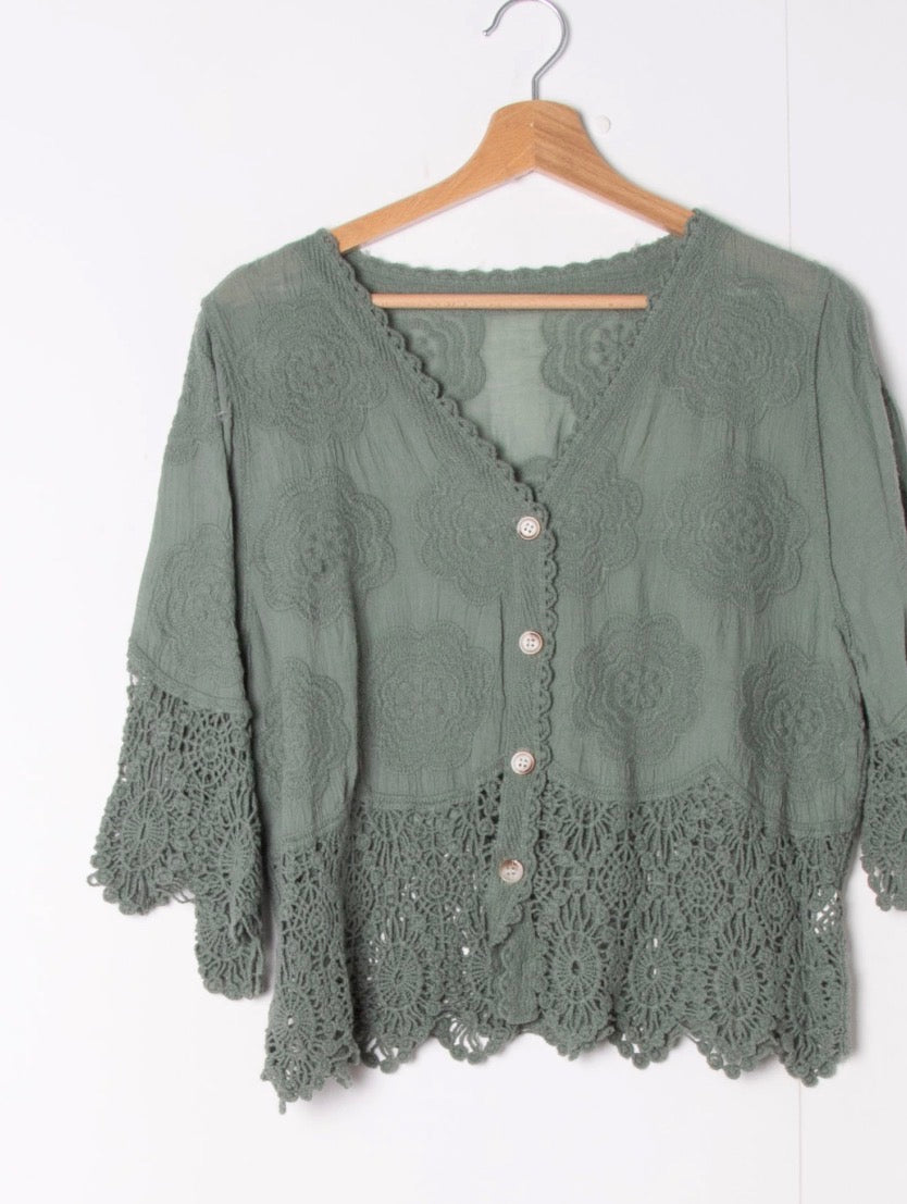 Polly button crochet detail top