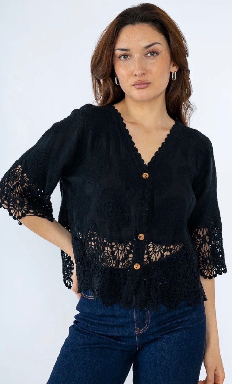 Polly button crochet detail top