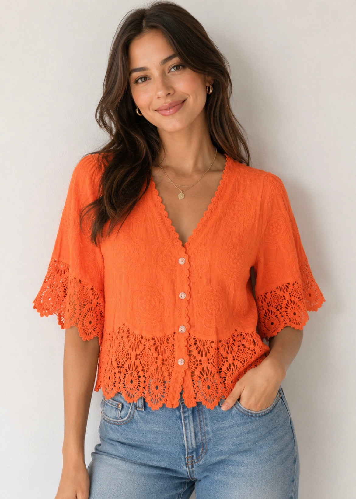 Polly button crochet detail top