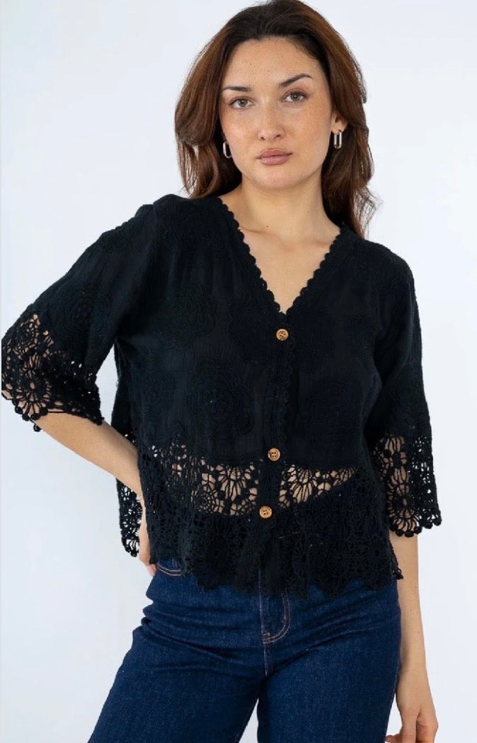 Polly Button Crochet Detail Top – Cotton Women’s Top