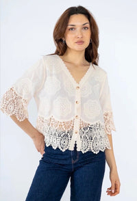 Polly Button Crochet Detail Top – Cotton Women’s Top