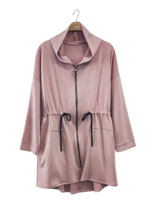 Pink jacket with a hood on a hanger against a white background