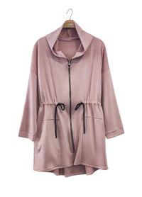 Pink jacket with a hood on a hanger against a white background
