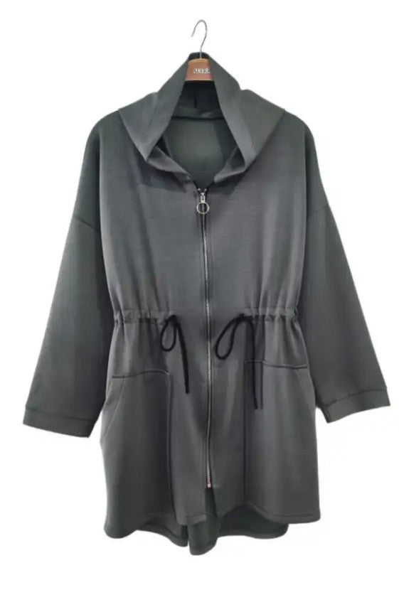 Gray coat with a hood on a hanger against a white background