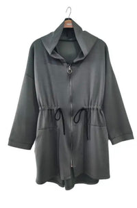 Gray coat with a hood on a hanger against a white background