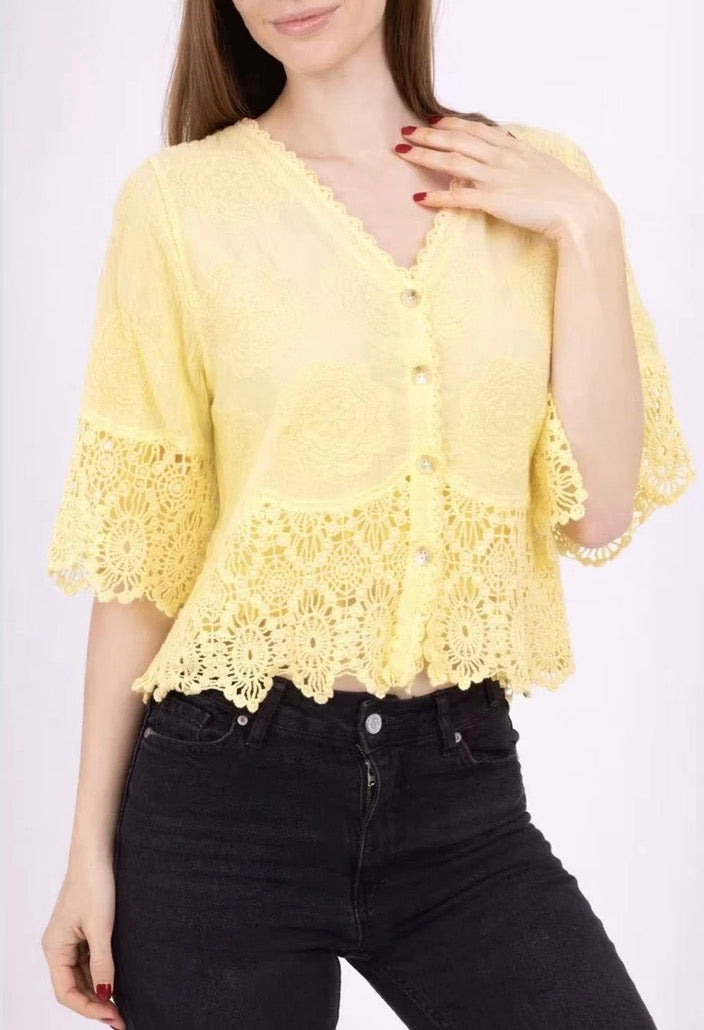 Polly Button Crochet Detail Top – Cotton Women’s Top