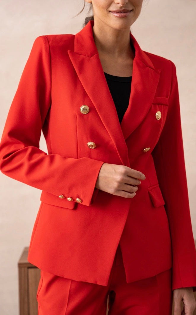 Rita Red Gold Button Blazer worn by a person against a neutral background