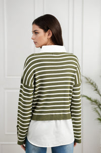 Woman wearing a green and white striped sweater over a white shirt with a neutral background "Sami Stripe Shirt Detail Jumper"