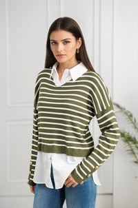 Woman wearing a green and white striped sweater over a white shirt with blue jeans against a white background "Sami Stripe Shirt Detail Jumper"