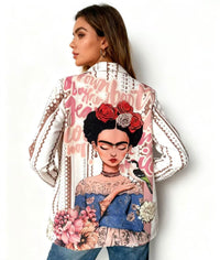Woman wearing a Sienna Print Blazer with a Frida Kahlo design on a white background