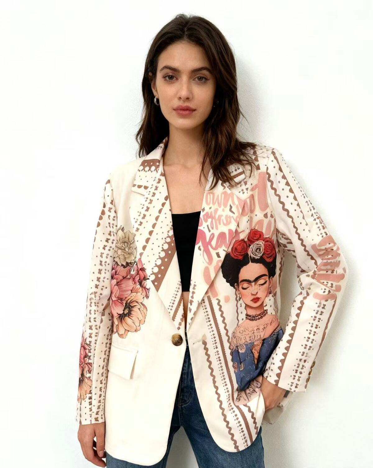 Woman wearing a patterned Sienna Print Blazer with a design of a famous artist on a white background
