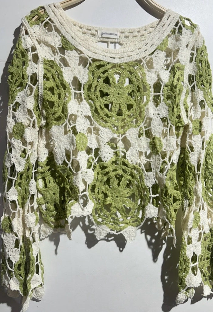 Green and white lace shawl on a hanger against a white background Willow crochet top